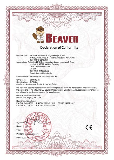 CHINA BEAVER Biomedical Engineering Co., LTD. Certificações